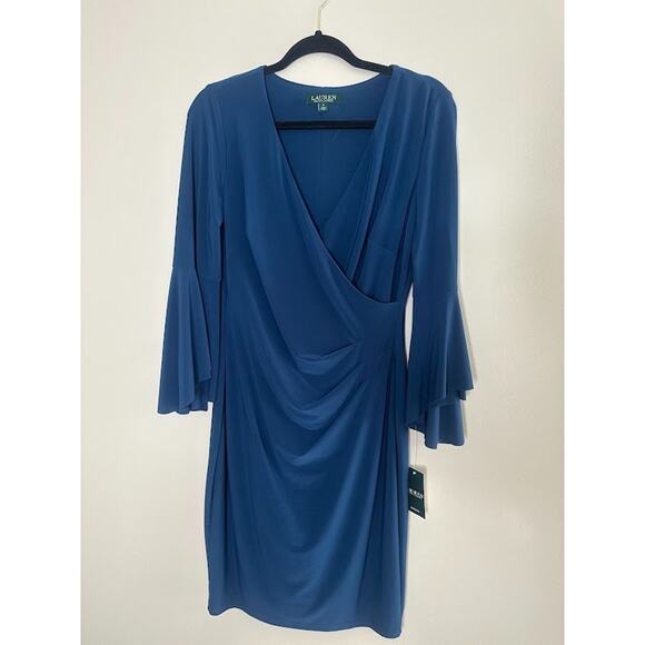 Lauren Ralph Lauren Dress Womens 8 Floral Bell Sleeve Blue Stretch Career Wrap - Picture 1 of 9